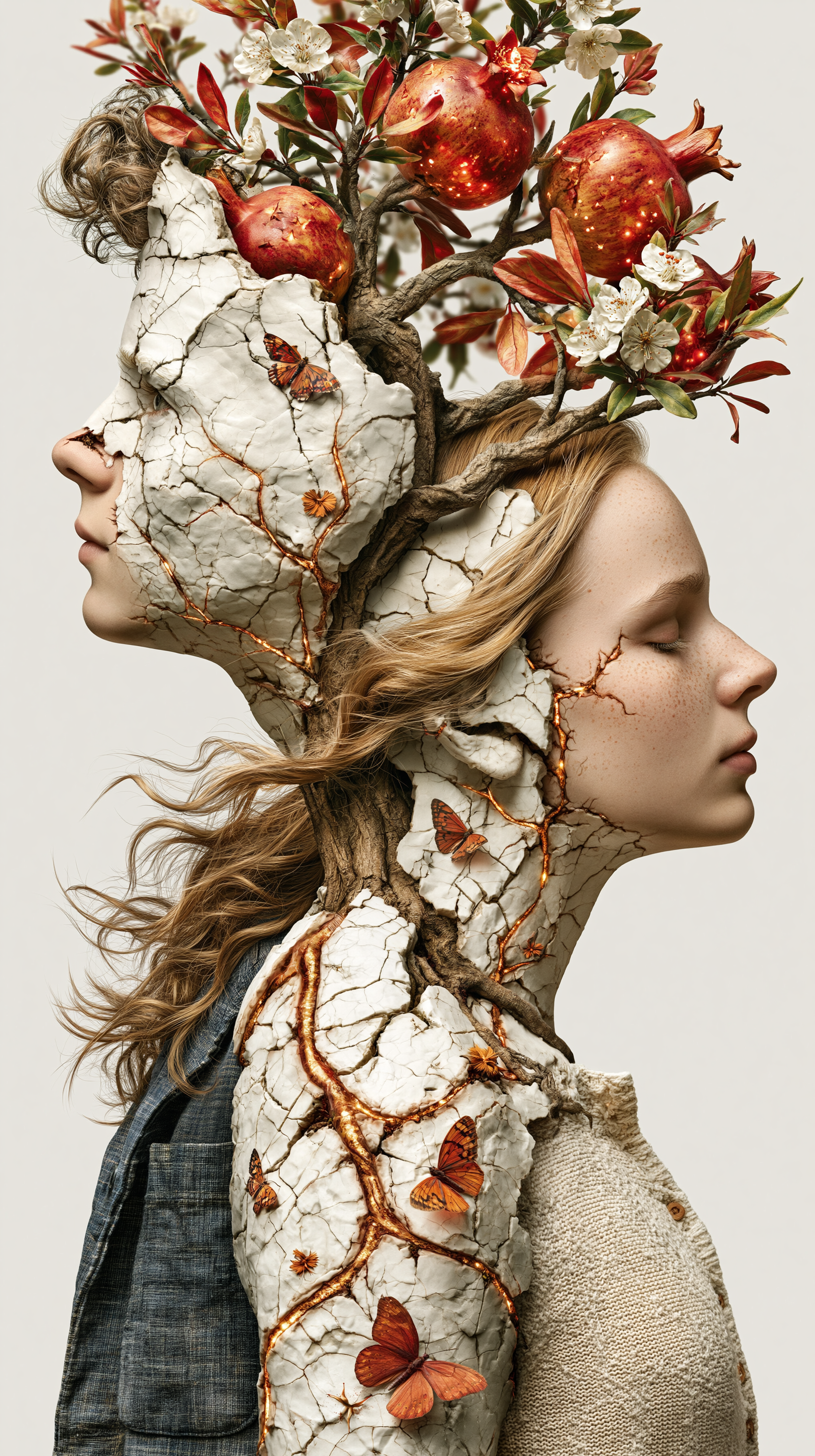 Primer plano de una joven de aspecto surrealista con una corona de granadas y ramas secas. Su piel presenta delicadas grietas de porcelana y, en el pecho, se abre un pasadizo iluminado que conduce a un corredor infinito. Hojas de otoño flotan a su alrededor sobre un fondo claro.